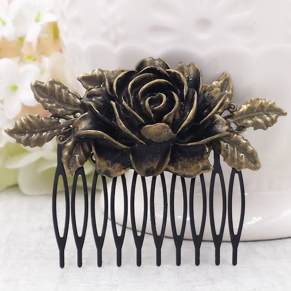 Black Rose Hair Comb- Gold Tipped Flower Antique Gold Branches Wedding Ren Faire