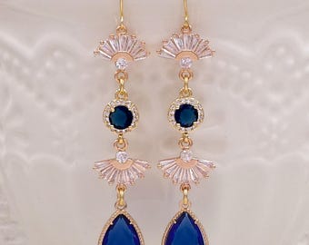 Art Deco Fan Earrings- Gold and Blue Glass Crystal Drop Something Blue