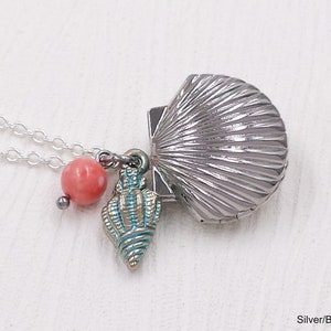 Seashell Locket Necklace Pink Coral Bead Sea Star Gold Sea Shell ...