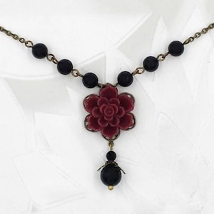 Maroon Amaryllis Rose Necklace- Dark Red Flower Black Pearl Bead Earrings Victorian Gothic Wedding