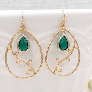 Gold Leaf Earrings, Emerald Green Leaf Filigree Earrings, Teardrop ...