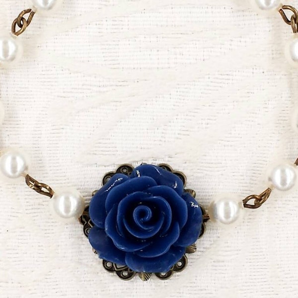 Navy Blue Rose Bracelet Dark Blue Flower Cream White Pearl Bracelet Vintage Style Something Blue Romantic Wedding Bridal Jewelry Bridesmaid