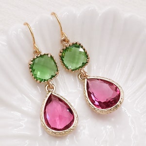 Fuchsia Pink and Apple Green Earrings Ruby Peridot Glass Crystal Teardrop Earrings Wedding Prom Party Anniversary Gift
