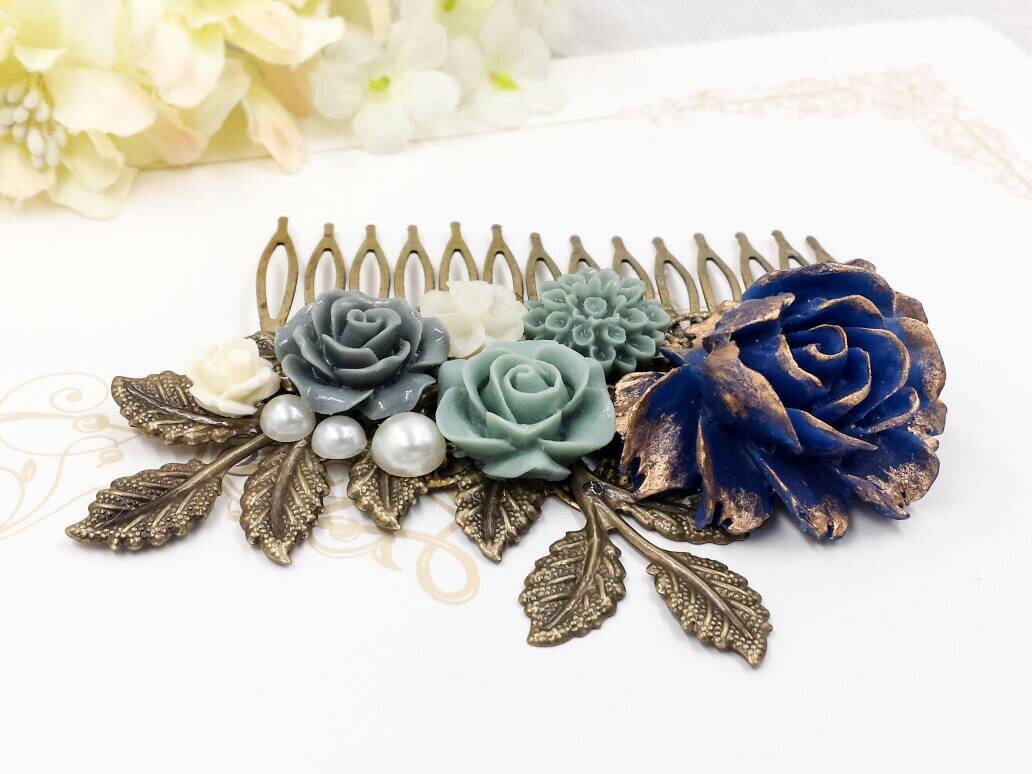 Navy Blue Rose Hair Comb- Vintage Style Floral Glass Pearl  display picture 1
