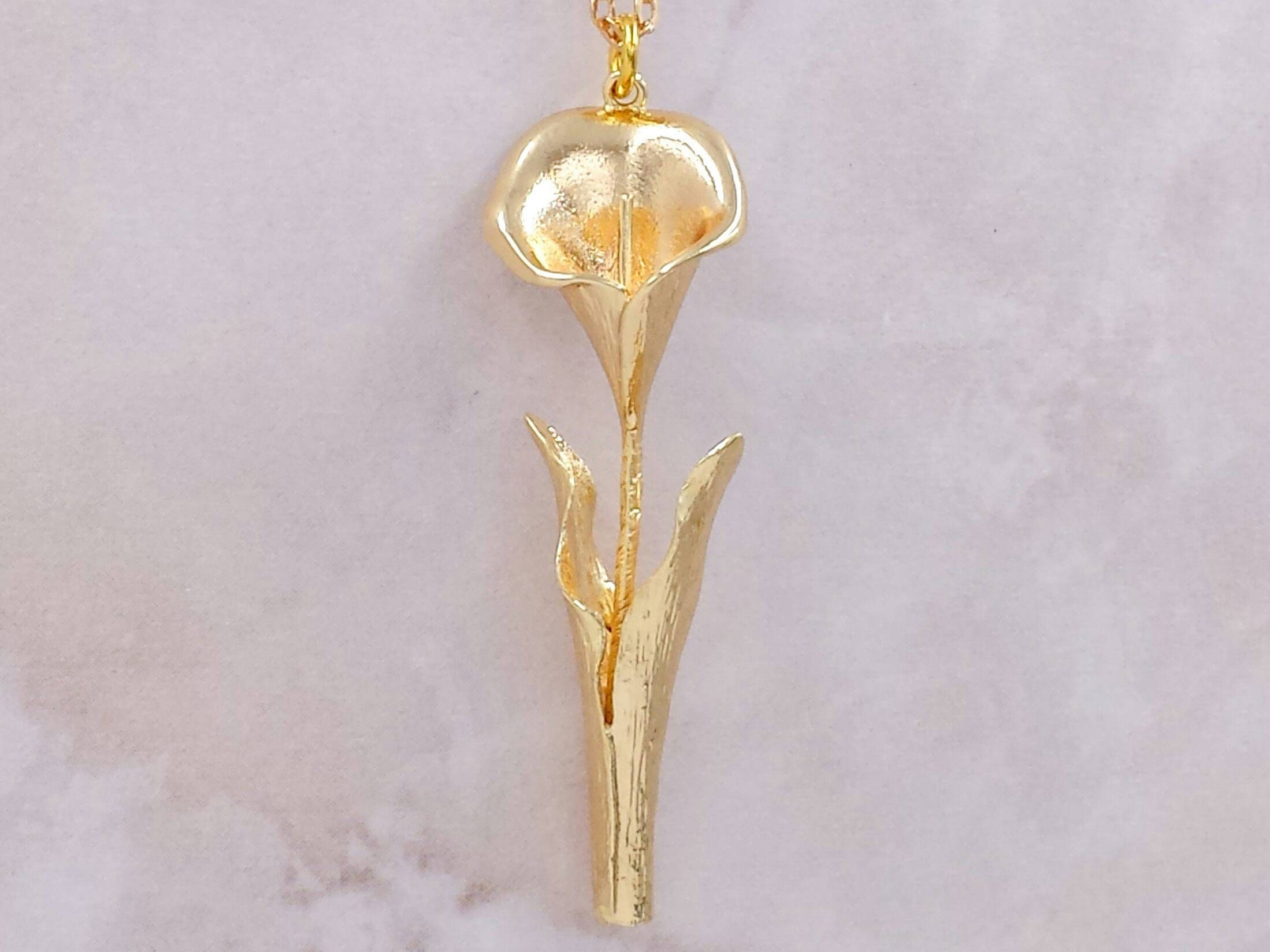 Calla Lily Necklace- Gold Floral Pendant Spring Flower Jewelry
