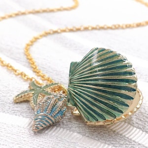 Seashell Locket Necklace, Gold Sea Shell Pendant Necklace, Ocean Beach Jewelry, Ariel Little Melody Mermaid Wedding Keepsake, Gift For Her