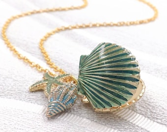 Seashell Locket Necklace, Gold Sea Shell Pendant Necklace, Ocean Beach Jewelry, Ariel Little Melody Mermaid Wedding Keepsake, Gift For Her