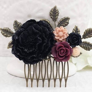 Black Cherry Blossom Hair Comb Burgundy Dark Red Rose Comb Vintage Blush Pink Flower Hair Accessory Dark Victorian Gothic Wedding Halloween