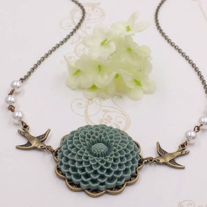 Dahlia Necklace- Dusty Blue Flower Swallow Something Blue Romantic Vintage Style Wedding Birthday