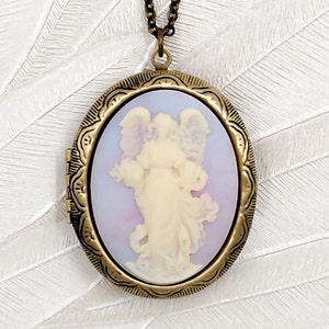 Cameo Locket Necklace Guardian Angel Cameo Picture Locket Renaissance Art Jewelry Ivory Cream and Pink Shell-Look Birthday Christmas Gift