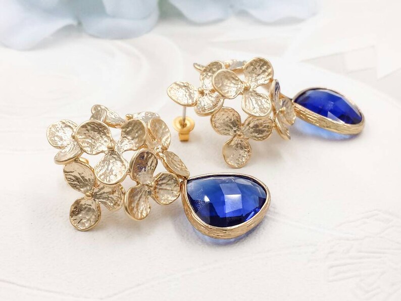 Royal Blue and Gold Earrings Gold Flowe Sapphire Blue Drop Post Earrings Cobalt Blue Earrings Wedding Bridal Bridesmaids Gift for Her