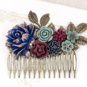 Navy Blue Burgundy Hair Comb Blue Rose Haircomb Something Blue Vintage Wedding Leaf Flower Blue Maroon Red Bridal Headpiece Gift for Her