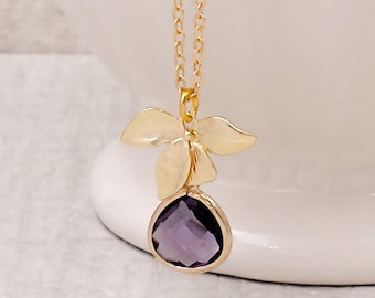 Purple and Gold Orchid Necklace Amethyst Purple Glass Crystal Pendant Flower Jewelry February Birthstone Anniversary Wedding Gift for Her