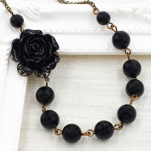 Black Rose Necklace Victorian Style Jet Black Bead Necklace Black Floral Jewelry Antiqued Brass Gothic Wedding Renaissance Faire Party