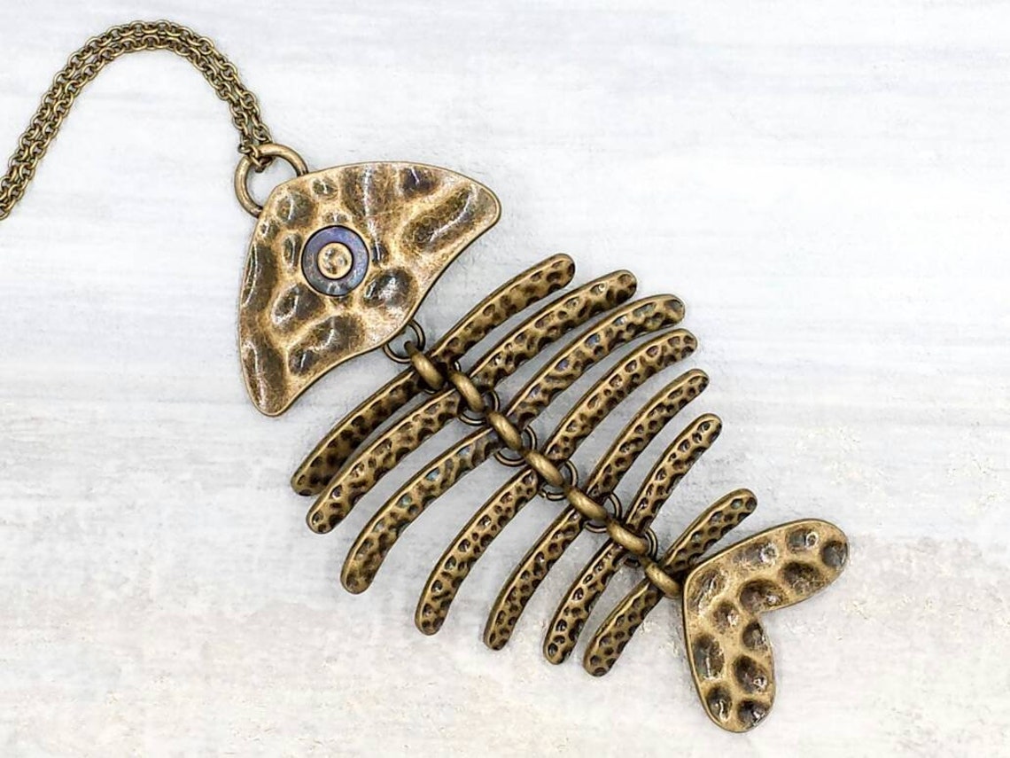 Fish Bone Necklace Large Fishbone Pendant Necklace Fish Etsy