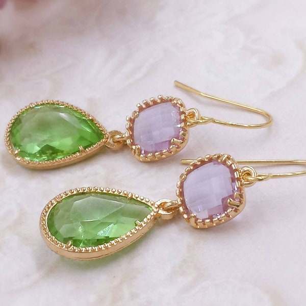 Purple Lilac and Green Apple Earrings Lavender Spring Green Glass Jewel Drop Earrings Summer Jewelry Wedding Bridesmaids Gift for Her