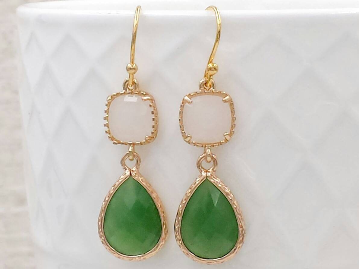 Olive Green and White Earrings Sage and Opal Glass Teardrop | Etsy