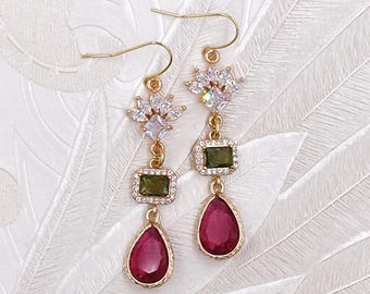 Crystal Earrings- Desert Rose Fuchsia Magenta Teardrop Olive Green Glass Jewel Boho Woodland