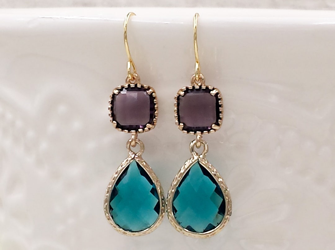 Teal Earrings Peacock Blue Drop Earrings Zircon Blue Glass Crystal