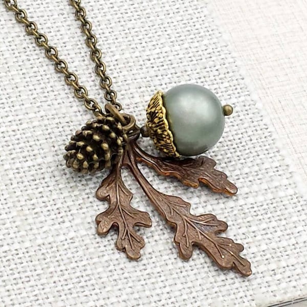 Sage Green Acorn Necklace, Green Acorn Pine Cone Oak Leaf Charm Necklace, Wedding, Rustic Woodland Treasure Autumn Jewelry, Gift for Her