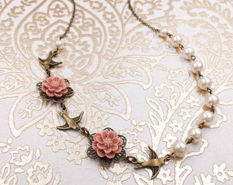 Dusty Pink Flower Necklace- Garden Floral Jewelry Swallow Cream White Crystal Pearl Bracelet Earrings