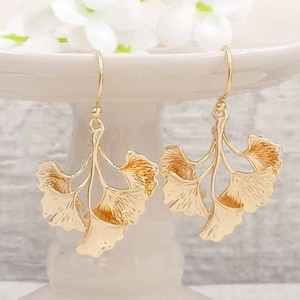 Leaf Earrings Leafy Branch Earrings Gold Ginkgo Earrings, Gingko Leaf Dangle Earrings Fall Autumn Treasure Winter Woodland Jewelry Gift Idea