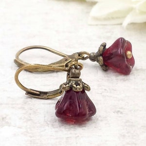 Dainty Dark Red Earrings Maroon Burgundy Flower Earrings Vintage Inspired Victorian Earrings Boho Renaissance Small Earrings Gift for Her