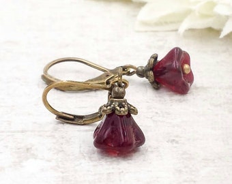 Dainty Dark Red Earrings Maroon Burgundy Flower Earrings Vintage Inspired Victorian Earrings Boho Renaissance Small Earrings Gift for Her