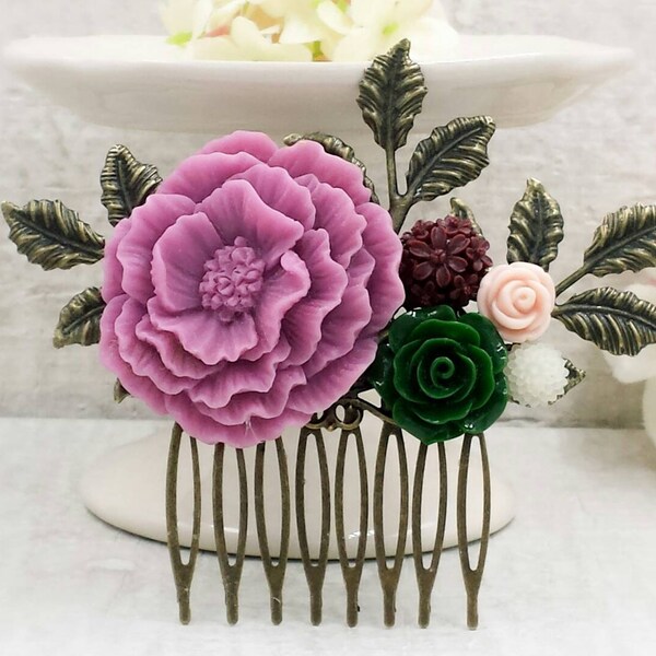 Winter Plum Blossom Hair Comb Mauve Pink Burgundy Dark Green Rose Head Piece Summer Sugarplum Hair Accessories Party Prom Wedding Gift