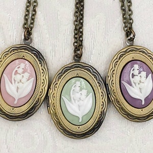 Lily of the Valley Necklace (3 Colors) Ivory Floral Cameo Necklace Antique Style Locket Jewelry Keepsake Gift for Mom Wife Sister Friend