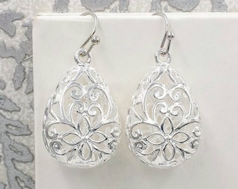 Silver Pear Teardrop Earrings Lace Floral Modern Filigree Drop Earrings Lace Floral Jewelry Boho Wedding Mom Bridal Bridesmaids Gift for Her