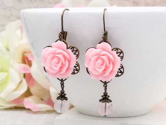 Pink Rose Earrings Pink Flower Rose Quartz Drop Earrings Pink Jewelry Romantic Rustic Country Chic Wedding Bridal Bridesmaid Gift for Her Etsy