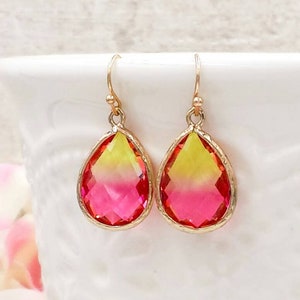 Fire Opal Glass Drop Earrings Fallen Phoenix Earrings Neo Victorian Style Statement Jewelry Fuchsia Pink and Yellow Jewelry Gift for Her