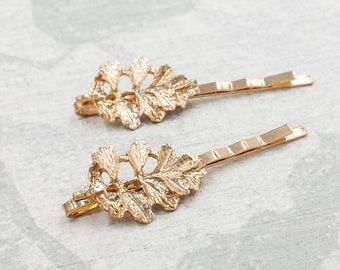 Gold Leaf Branch Bobby Pins, Gold Oak Leaf Hair Pin Hair Clips, Forest Woodland Garden Romantic Wedding Bridal Bridesmaid Gift for Her