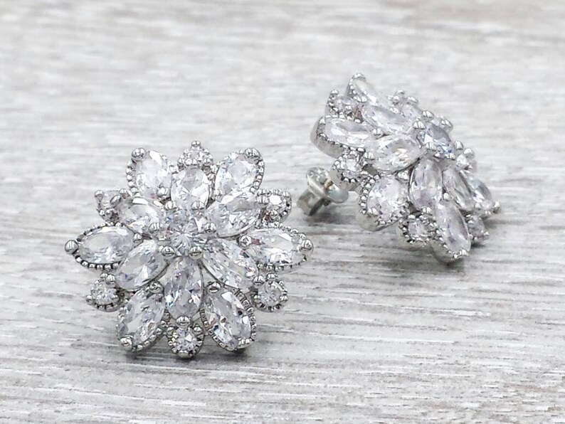Floral Cluster Cubic Zirconia Earrings Sterling Silver Flower Etsy