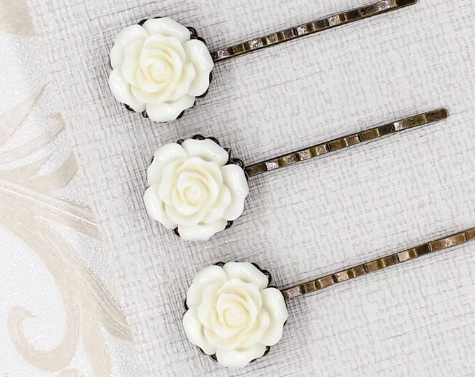 Rose Bobby Pin Cream White Rose Flower Hair Accessories Bobby Pins Hair Clip Botanical Wedding Bridesmaid Daughter Sister Gift for Her