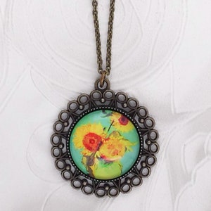 Van Gogh Sunflower Necklace Still Life of Sunflower Three Sunflowers in a Vase Art Jewelry Gift