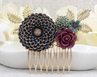 Navy Bridal Comb Gold Tipped Peony Dahlia Hair Comb Dark Blue and Burgundy Floral Decorative Comb Gold Leaf Headpiece Something Blue Wedding