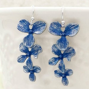 Blue Orchid Earrings, Navy Blue Cascade Orchid Flower Drop and Dangle Earrings, Something Blue Wedding Bridal Bridesmaid Mom Gift for Her