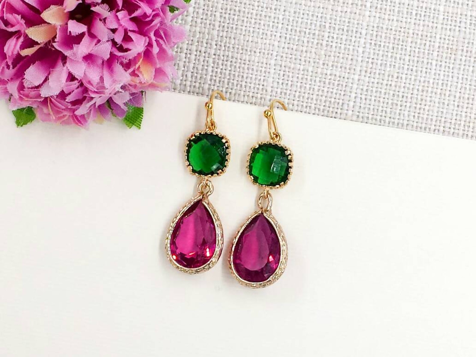 Magenta and Emerald Green Glass Teardrop Earrings Fuchsia - Etsy