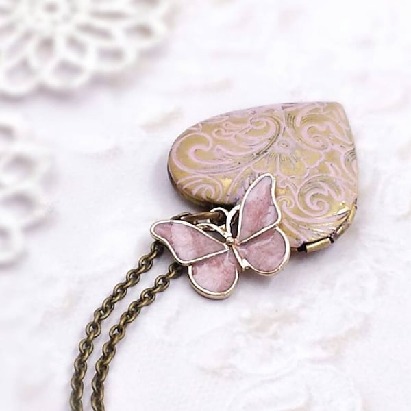 Pink Butterfly Heart Locket Rustic Pink Patina Heart Necklace Butterfly Necklace Vintage Style Boho Floral Pendant Wedding Birthday Gift