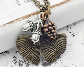 Ginkgo Leaf Necklace Gingko Acorn Pine cone Necklace Leaf Pendant Nature Inspired Woodland Jewelry Gift for Her