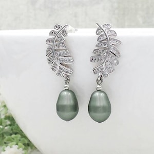 Fern Leaf Earrings, Sage Green Leaf Pearl Earrings, Sterling Silver Cubic Zirconia CZ Earrings, Forest Woodland Jewelry Wedding Gift for Her