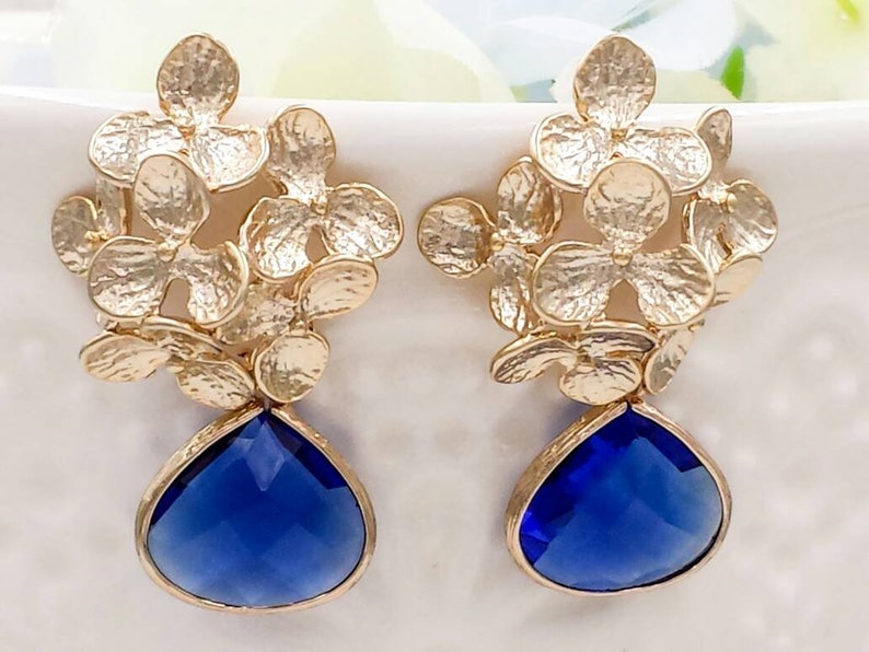 Royal Blue and Gold Earrings Gold Flowe Sapphire Blue Drop Post Earrings Cobalt Blue Earrings Wedding Bridal Bridesmaids Gift for Her