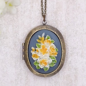 Floral Cameo Locket Necklace Yellow Blue Flower Bouquet Antiqued Brass Picture Locket