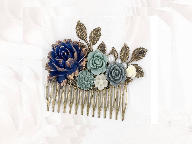 Navy Blue Rose Hair Comb- Vintage Style Floral Glass Pearl  display picture 3