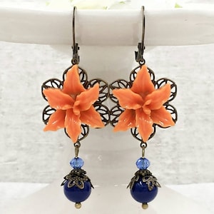 Orange Tiger Lily Earrings- Cobalt Blue Crystal Pearl Stargazer Lily Botanical Jewelry