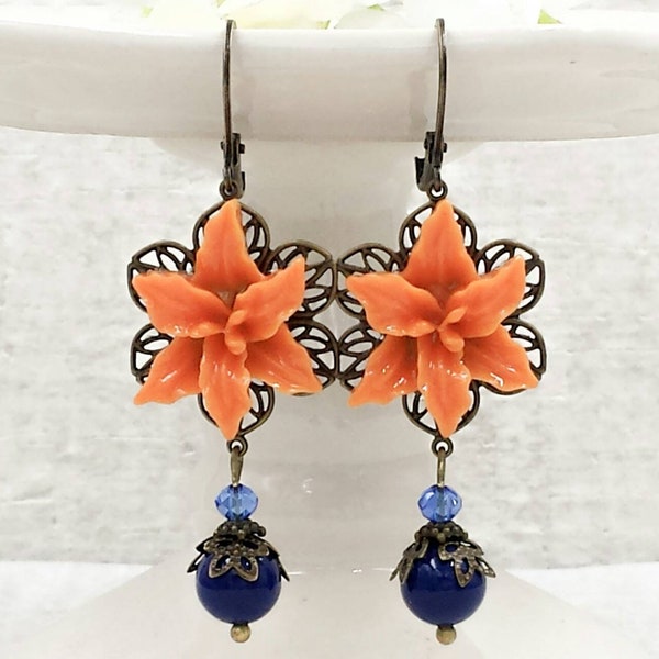 Orange Tiger Lily Earrings Cobalt Blue Crystal Pearl Earrings Stargazer Lily Botanical Jewelry Orange and Blue Boho Party Wedding Prom Gift