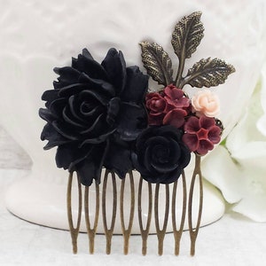 Black Rose Dark Red Burgundy Flower Hair Comb Black Wedding bridal Headpiece Renaissance Faire Halloween Party Gift