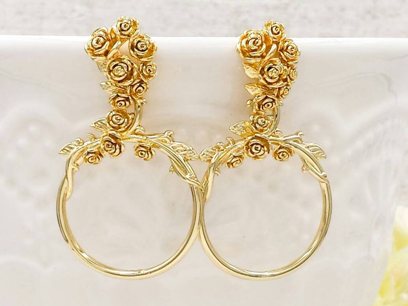 Gold Rose Earrings Floral Vine Branch Earrings Flower Bouquet Etsy